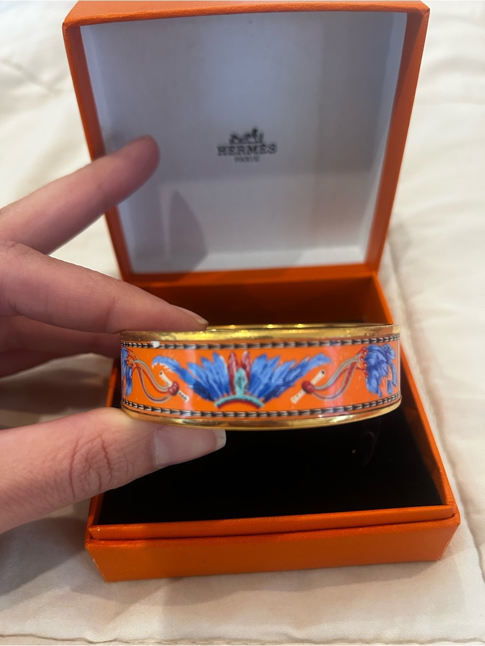 Hermès  orange feather wide bangle